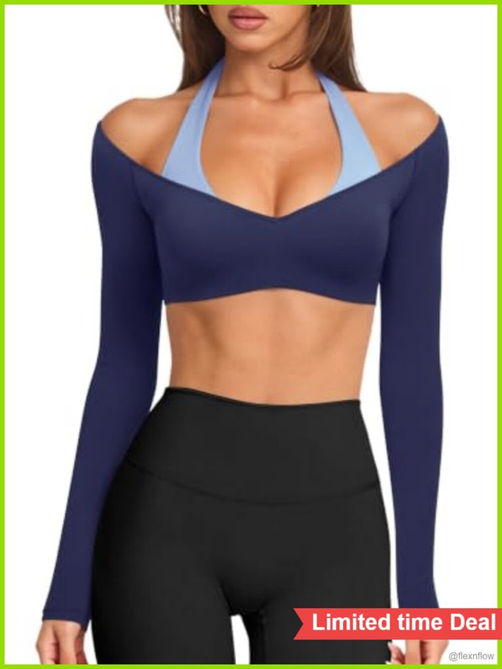 Women's Halter Long Sleeve Crop Top with Built in Bra Workout Yoga Gym Shirt